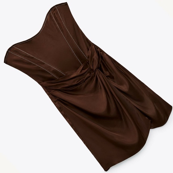 Brand new ZARA MINI OFF-SHOULDER DRAPED DRESS TOPSTITCHING BROWN  SIZE M - Picture 4 of 6